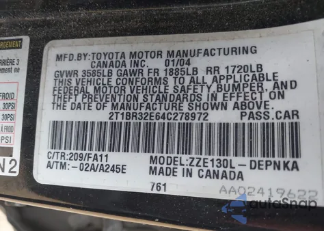 2004 Toyota Corolla Le z USA, uszkodzony, nr VIN 2T1BR32E64C278972